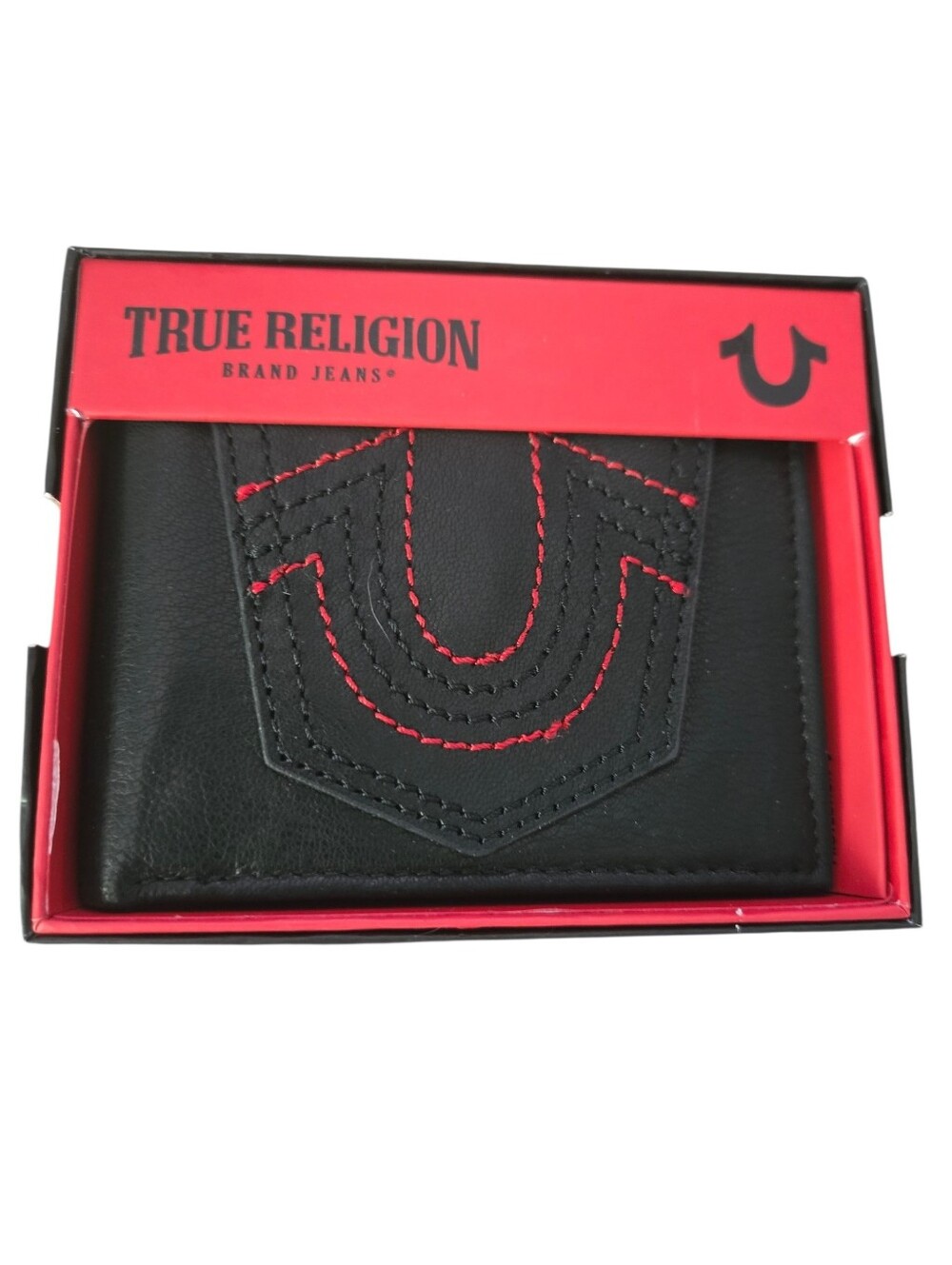 True Religion Black Leather Wallet with Red Stitching Accent New In Box